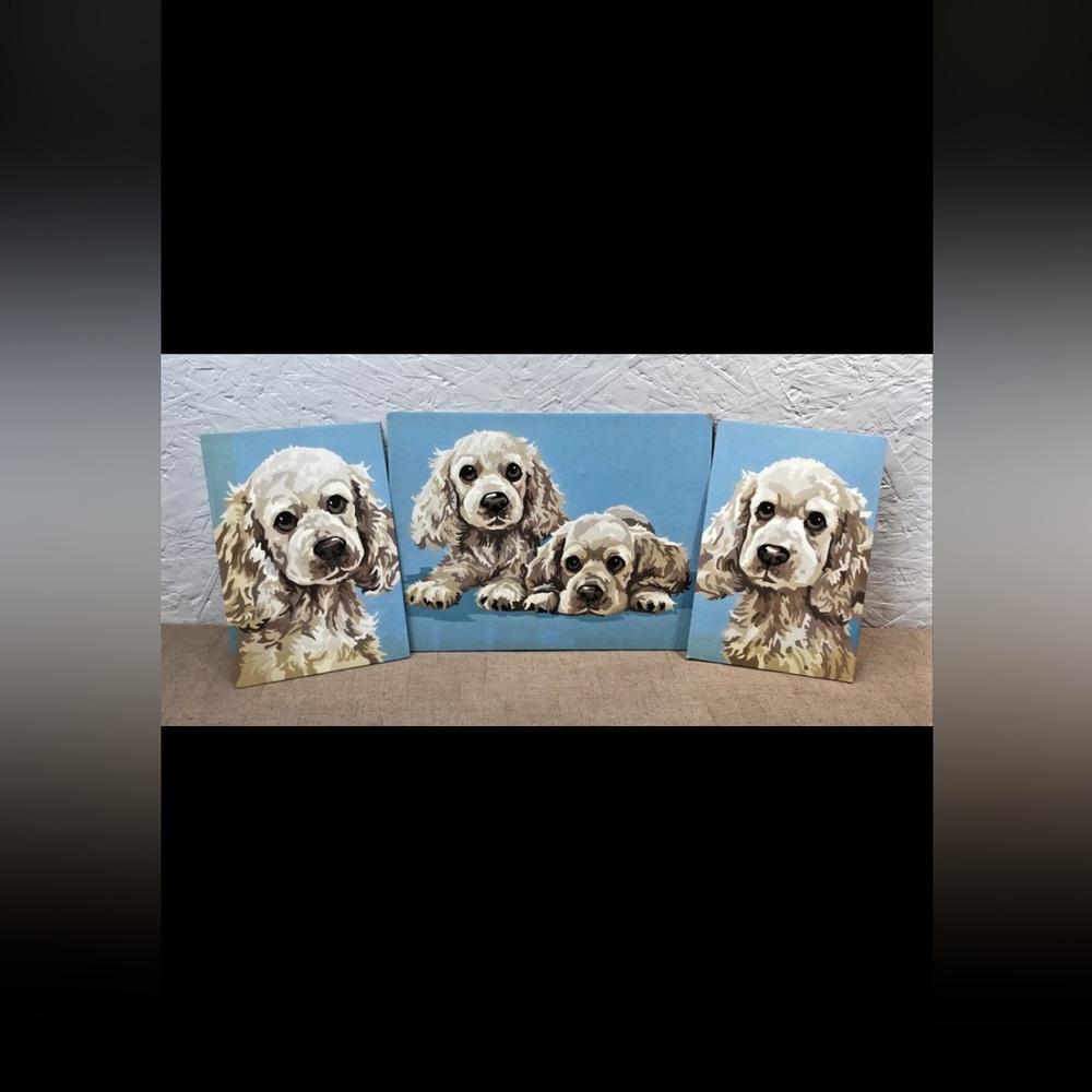 Vintage Lot of 3 Finished Paint by Number Cocker Spaniel Puppies (2)6x9 (1)12x9
